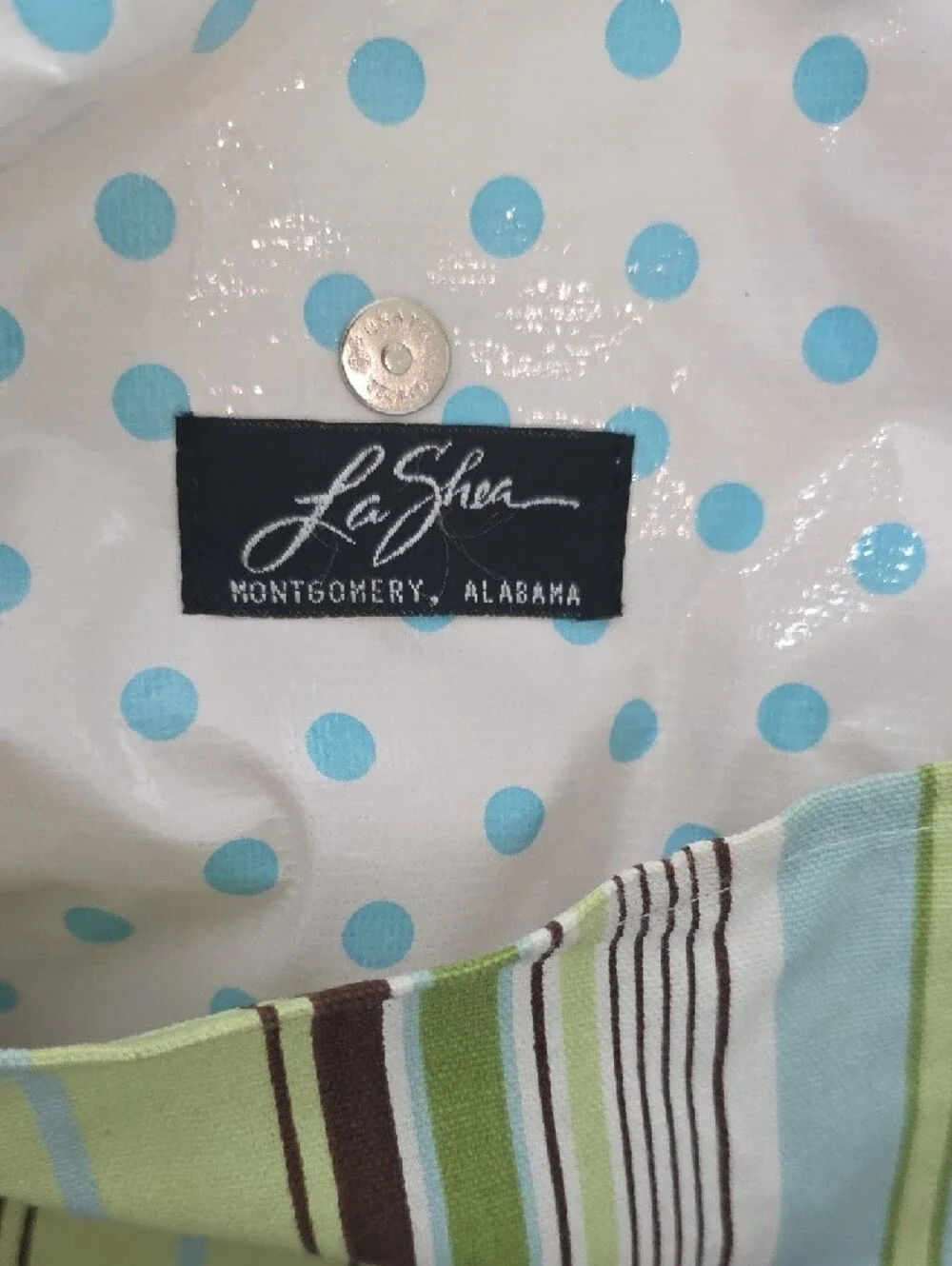 Striped Green and Brown Baby Bag with Blue Accents